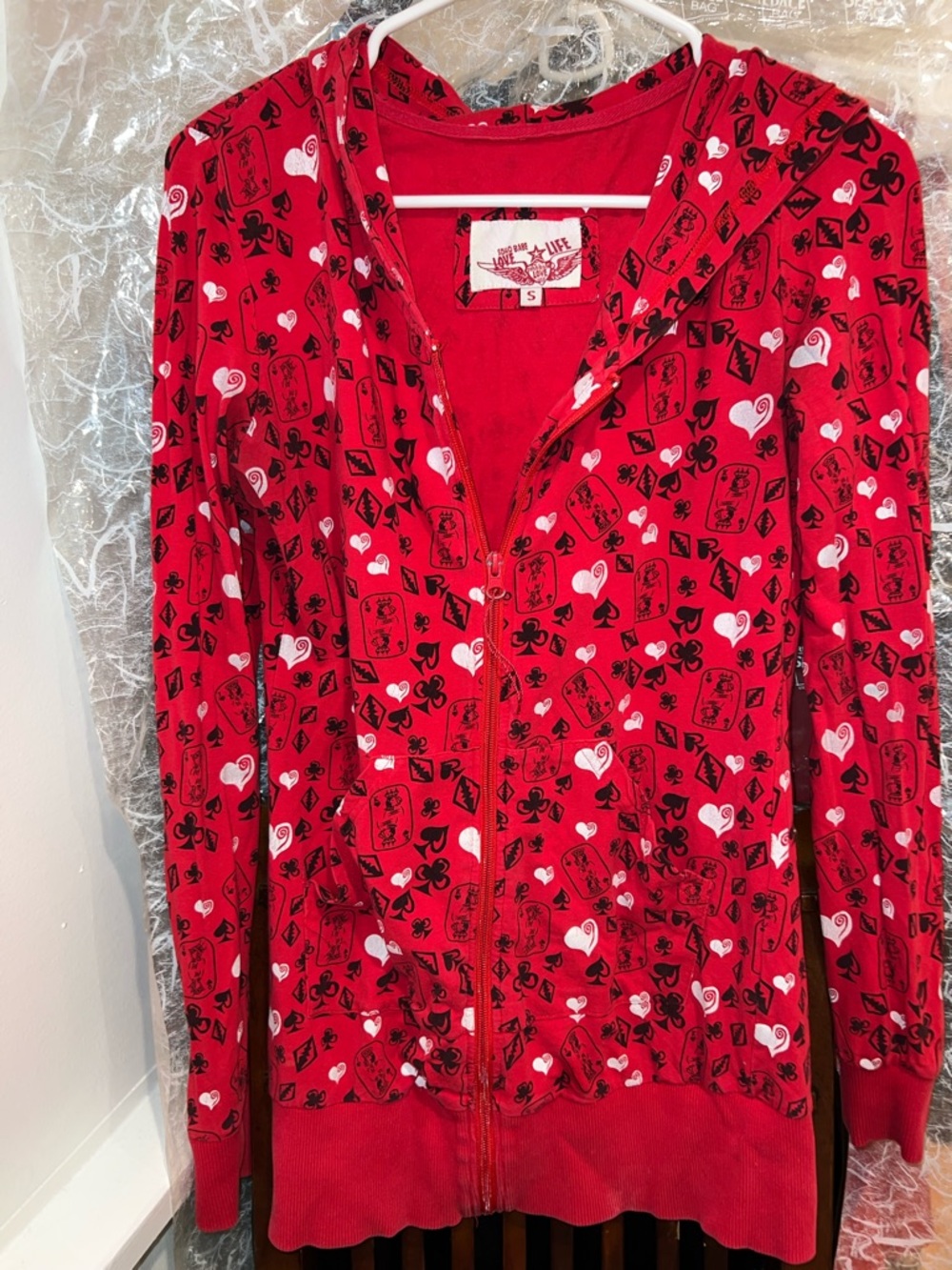 Rebel Rock Red Zip-Up Hoodie with Card Suit Print